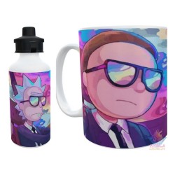 Taza Y Botella Alum Rick Y Morty Negro Combo Kit Set