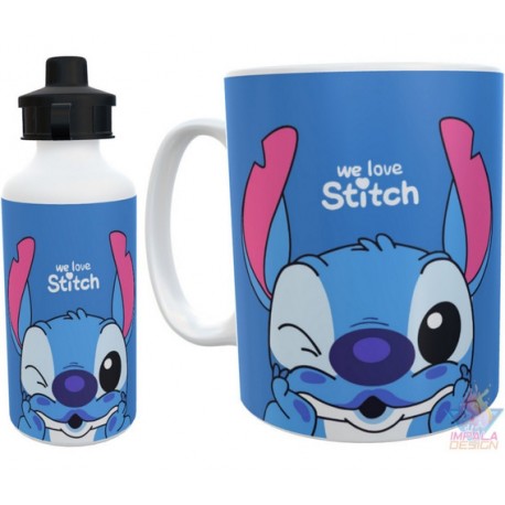 Taza Y Botella Alum Stitch Guiño We Love Amor Cara Combo Kit