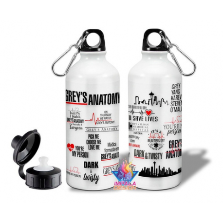 Botella Greys Anatomy Logos Serie Doble Tapa Aluminio