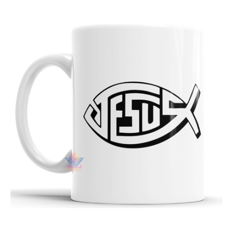 635297-MLA73637459330_122023,Taza De Cerámica Jesus Pez Logo Cristiano Símbolo Ichthus 