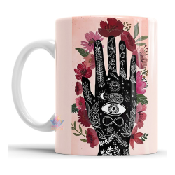 774343-MLA75891537125_042024,Taza Cerámica Meditación Cartas Tarot Ojo Sol Mano Flores