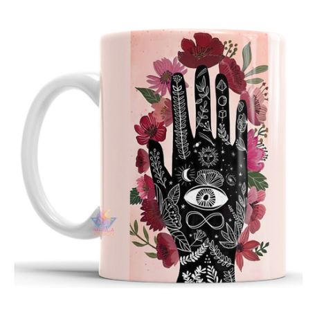 774343-MLA75891537125_042024,Taza Cerámica Meditación Cartas Tarot Ojo Sol Mano Flores