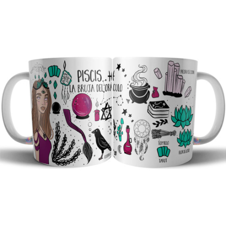 942484-MLA75890715573_042024,Taza Cerámica Bruja Zodiaco Signo Piscis Astrologia Tarot 