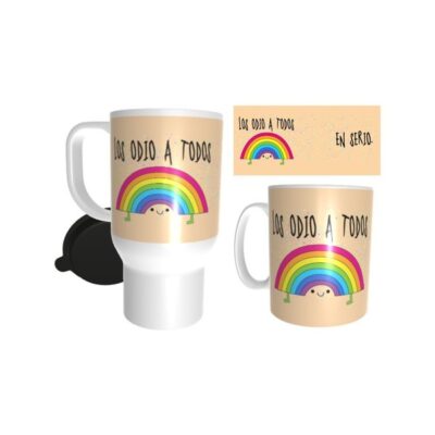 Combo Taza Y Jarro Térmico Desayuno Arco Iris Los Odio Original