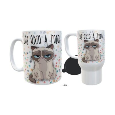 Combo Taza Y Jarro Térmico Plástico Gato Los Odio A Todos