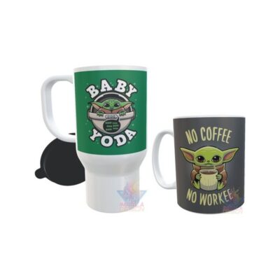 Combo Taza Cerámica Y Jarro Térmico Plástico Baby Yoda Set Mod 02