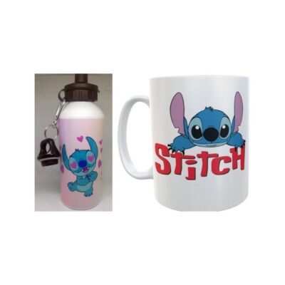 Stitch Botella Deportiva Aluminio Y Taza Cerámica Combo Set