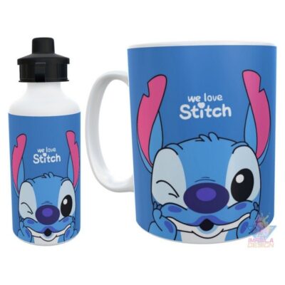 Taza Y Botella Alum Stitch Guiño We Love Amor Cara Combo Kit
