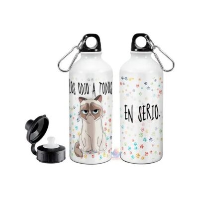 Botella Deportiva Gato Odio A Todos Doble Tapa Aluminio