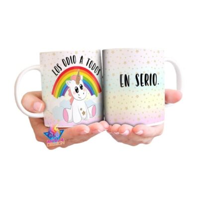 Taza Unicornio Los Odio A Todos Hate Cerámica Arco Iris Nube
