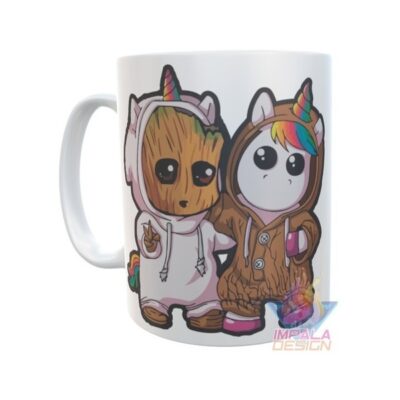 Taza Baby Groot Unicornio Abrazo Amigos Cerámica