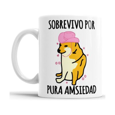 900130-MLA76011490947_042024,Taza Cerámica Perro Meme Sobrevivo Por Pura Amsiedad Cheems