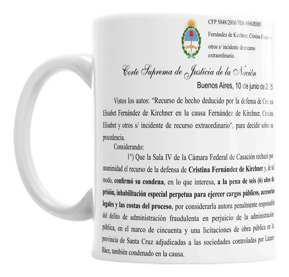 Taza Ceramica Condena Penal Cristina Kirchner Corte Suprema